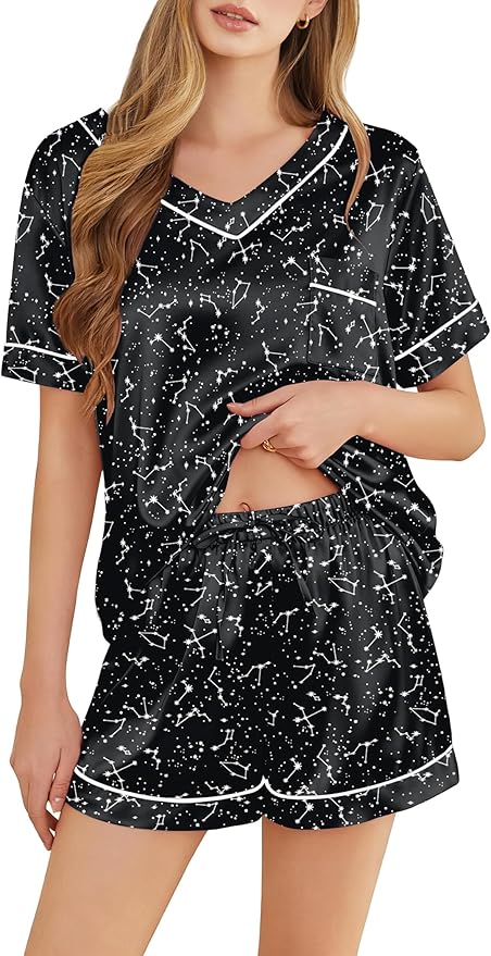 Silk Pajamas for Women Short Sleeve Satin 2 Piece Pj Set Soft V Neck Sleepwear Loungewear, S-XXL