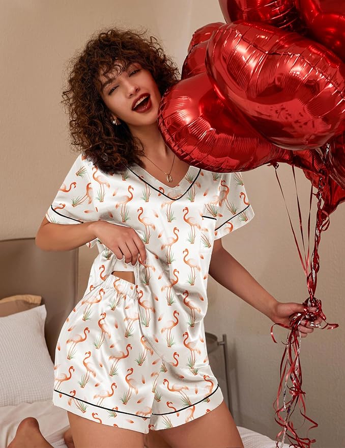 Ekouaer Silk Pajama for Women Short Sleeve Satin Pj Set Two Piece Soft Sleepwear Loungewear, S-XXL
