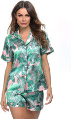 SWOMOG Womens Silk Satin Pajamas Set Short Sleeve Sleepwear Button Down Top and Shorts Loungewear 2 Piece Pjs Set XS-3XL