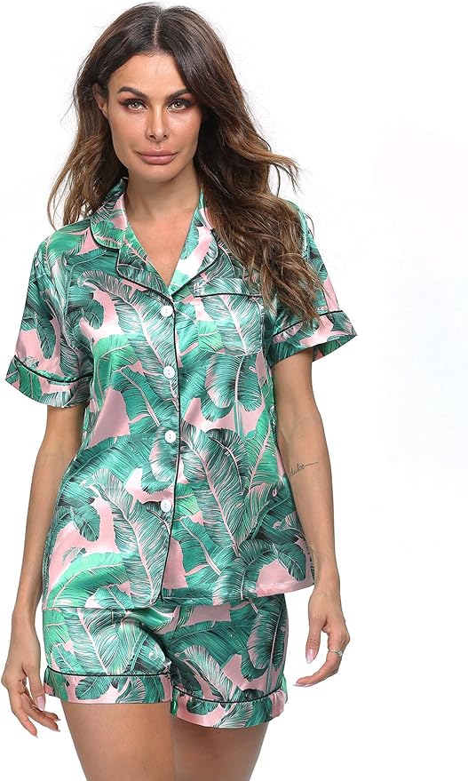 LecGee Womens Silk Satin Pajamas Short Sleeve Loungewear Two-Piece Sleepwear Button-Down Pj Set