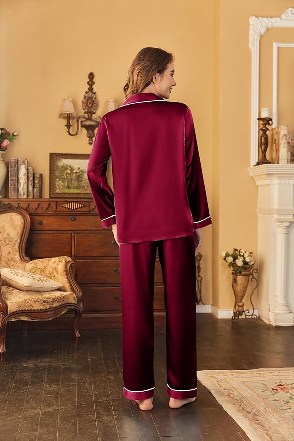 Ekouaer Women's Classic Button Down Long Satin Silk Pajama Set