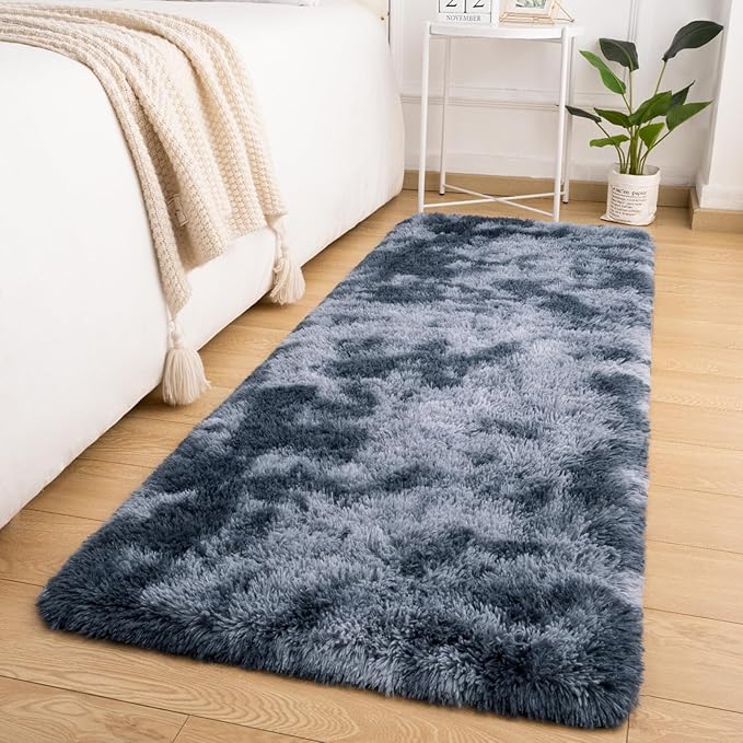 Softlife Area Rug for Bedroom, Fluffy Shag Plush Tie Dyed Rainbow Blue for Living Room Girls, Shaggy Throw Carpet for Kids Soft Fuzzy Runner Small 2x6 Runners for Hallways Dorm