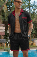 Ekouaer Men Satin Silk Pajamas Set with Pockets Sleepwear Shorts Satin Summer Loungewear 2 Piece Button Down Set S-3XL