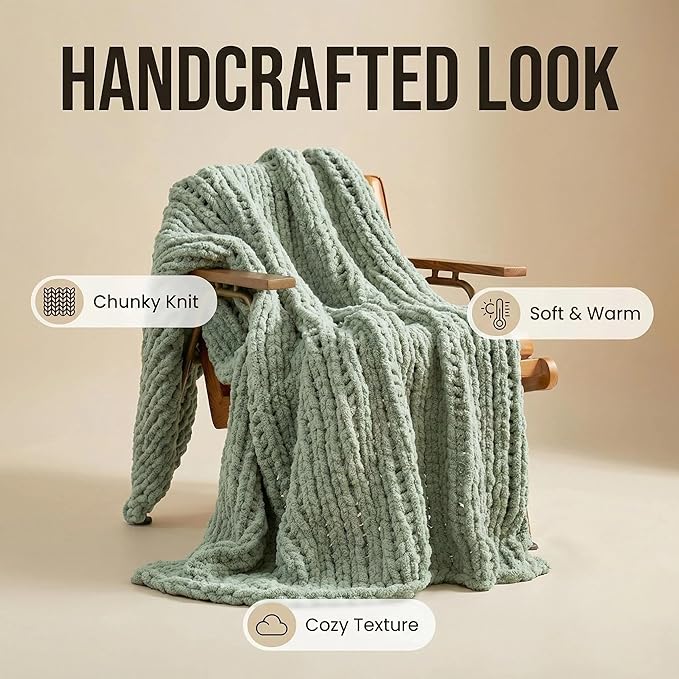 Amélie Home Chunky Knit Throw Blanket for Couch, Soft Chenille Handmade Crochet Throw Rope Knot Blanket for Couch, 50"x60", Sage Green