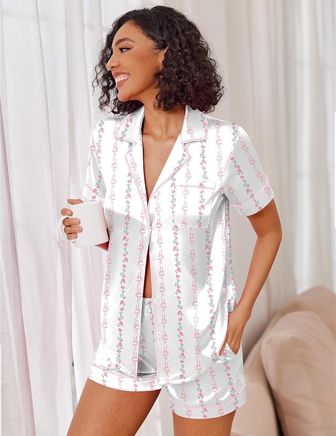 Ekouaer Womens Satin Silk Pajamas Set Short Sleeve Sleepwear Button Down Top and Shorts Loungewear 2 Piece Pjs Set S-XXL