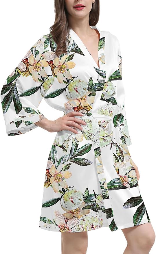 WJing Yi Jia Womens Satin Kimono Robe Silky Robes Floral Bathrobe Bride Bridesmaid Wedding Bridal Dressing Gown Loungewear