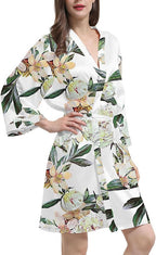 WJing Yi Jia Womens Satin Kimono Robe Silky Robes Floral Bathrobe Bride Bridesmaid Wedding Bridal Dressing Gown Loungewear