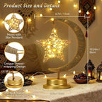 Lewondr Ramadan Moon Lamp with Rattan Star, Lunar Lamp for Night Stands, Battery Powered Ramadan Desk Lamps Decorations, Gold Crescent Table Light Bedside Lamps for Desktop Nursery Kids Room Decor