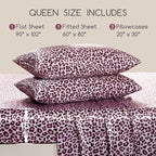 MR&HM Satin Bed Sheets with Elastic Corner Straps, Queen Size Sheets Set, 4 Pcs Silky Bedding Set with 15 Inches Deep Pocket for Mattress (Queen, Pink Leopard)