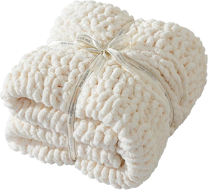 Chunky Knit Blanket Throw - 100% Hand Knitted Chunky Soft Throw Blanket for Couch, Thick and Warm Blanket for Winter, White, 40x50 Inches