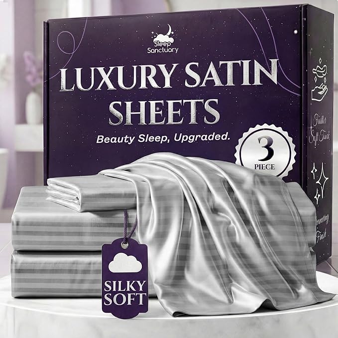 SLEEP SANCTUARY Satin Sheets Twin Size – 3 Piece Luxury Silky Bed Set, Softer Than Silk, 15" Deep Pocket, Cooling & Wrinkle-Free, Moisture-Wicking & Breathable for Hair & Skin (Striped Grey)