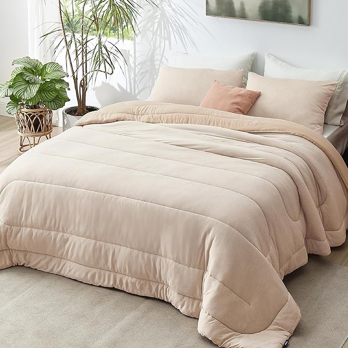 Bedsure Full Comforter Set - Cooling and Warm Bed Set, Beige Reversible Bedding for All Season, 3 Pieces, 1 Full Size Comforter (82"x88") and 2 Pillow Cases (20"x26")