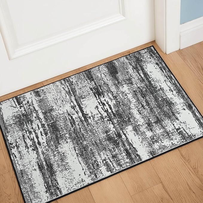 Entryway Rug Indoor Door Mat 2x3 Washable Abstract Small Area Rug Non-Slip Ultra Soft Faux Wool Boho Rug Throw Carpets for Kitchen Floor, Entryway Indoor, Bedroom Bedside, Living Room (Black and Grey)