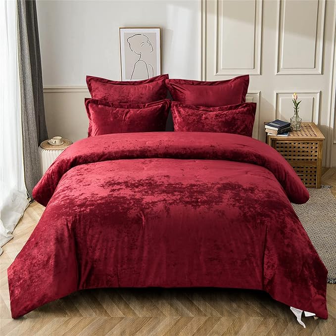 Fredsure Distressed Velvet Comforter Set, 5 Pieces Burgundy Red Queen, Distressed Velvet Face and Brushed Microfiber Reverse