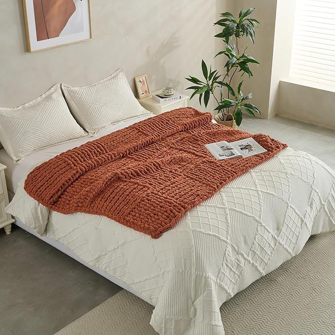 Soft Knitted Throw Blanket - 50x60 Inch Cozy & Lightweight All-Season Blanket, Wrinkle-Resistant Polyester for Couch, Bed, Sofa, Reading Nook (Orange)