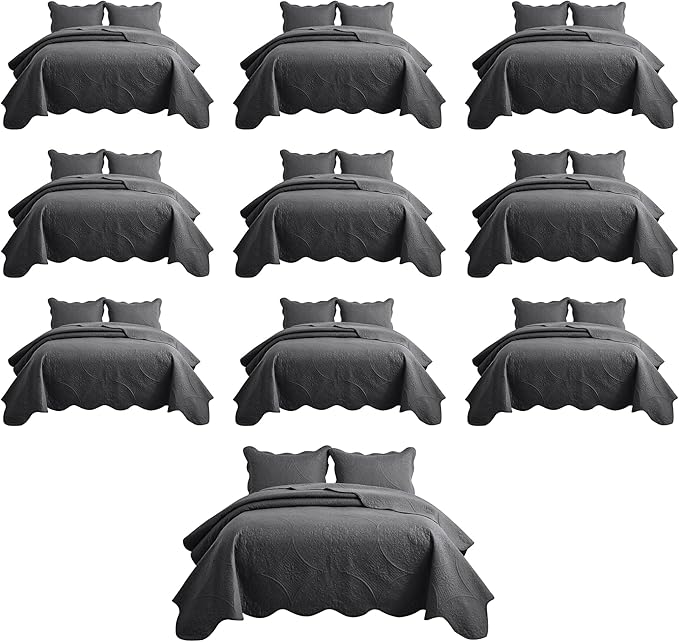 IR Imperial Rooms 10 Pack Queen Quilt Bedding Set (90" x 96") - Bulk Wholesale for Hotels, Guest Bedroom & Airbnbs - Lightweight Microfiber Reversible Floral Embossed Quilts Bedspreads (Charcoal)