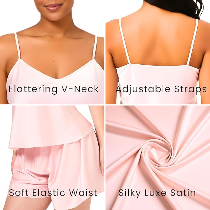 Women’s Satin Cami and Shorts Pajama Set – Silky Soft Lightweight Sleepwear with Adjustable Straps