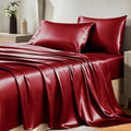 CozyLux Satin Sheets Queen Size Bed Set - 4 Piece Silky Queen Sheet Set, Luxury Burgundy Queen Sheets with Smooth and Soft Microfiber, Includes 1 Fitted Sheet, 1 Flat Sheet and 2 Pillowcases