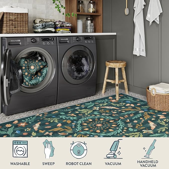 Lahome Chloe Insect Botanical Washable 5x7 Area Rugs for Living Room, Non Slip Green Rug for Bedroom, Boho Indoor Throw Dining Room Carpet for Under Table Entryway Kitchen Office(Dark Green,5x7)
