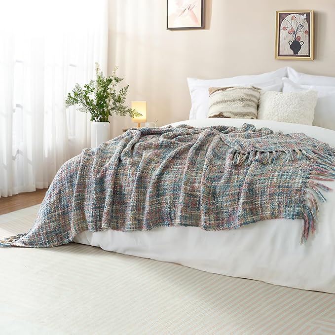 Multi-Color Pink Blue Cable Woven Throw Blanket for Couch,60"X80" Boho Style Textured Blankets for Home Decor,Super Soft Warm Cozy Chunky Blanket with Decorative Tassels for Bed