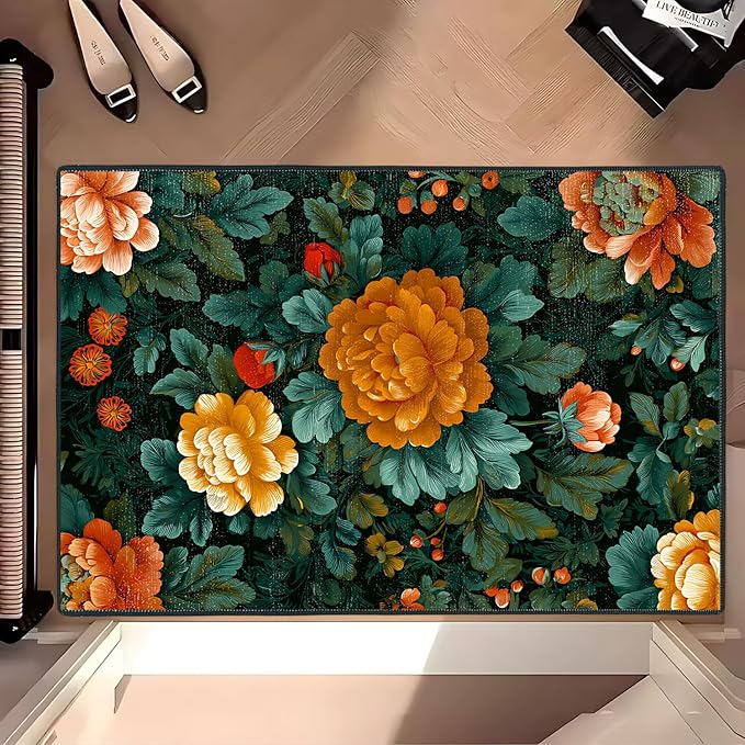 Vintage Floral Spring Area Rug 2x3 ft Entry Rug Washable Boho Rugs Non Slip Low Pile Vintage Floral Door Mat Small Carpet for Bedroom, Bedside, Kids Room, Office, Dining Room