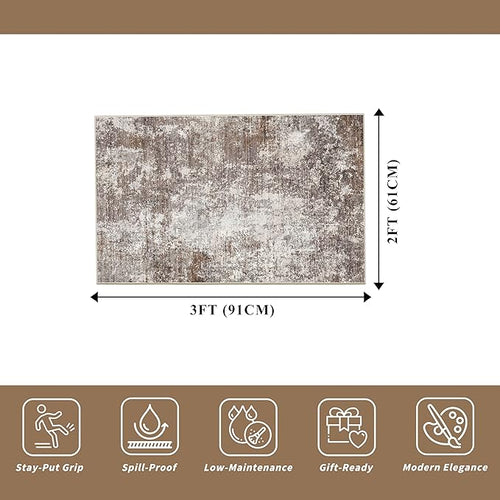 2x3 Washable Non-Slip Area Rug – Small Throw Rug for Kitchen, Entryway, Bedroom, Bathroom – Modern Abstract Neutral Soft Low Pile Thin Indoor Door Mat (Brown Beige,2x3)
