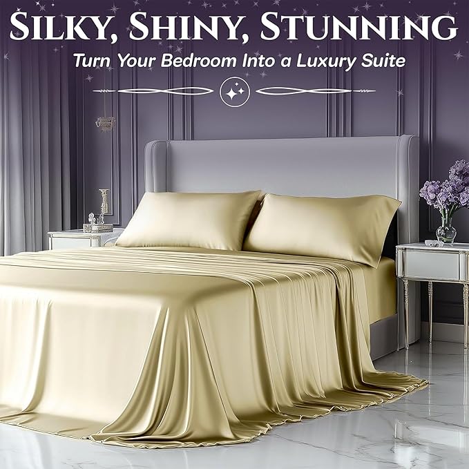 SLEEP SANCTUARY Satin Sheets Full Size – 4 Piece Luxury Silky Bed Set, Softer Than Silk, 15" Deep Pocket, Cooling & Wrinkle-Free, Moisture-Wicking & Breathable for Hair & Skin (Champagne)