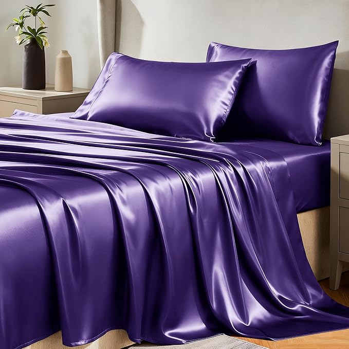 CozyLux Satin Sheets Queen Size Bed Set - 4 Piece Silky Queen Sheet Set, Luxury Purple Queen Sheets with Smooth and Soft Microfiber, Includes 1 Fitted Sheet, 1 Flat Sheet and 2 Pillowcases