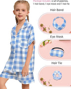 EPLAZA Kids Satin Pajamas Sets Girls Boys Button-Down Silky Pajamas Sleepwear with Hairband Eye Mask Hair Tie