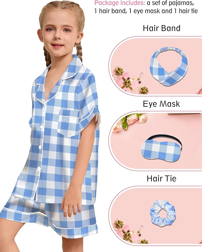 EPLAZA Kids Satin Pajamas Sets Girls Boys Button-Down Silky Pajamas Sleepwear with Hairband Eye Mask Hair Tie
