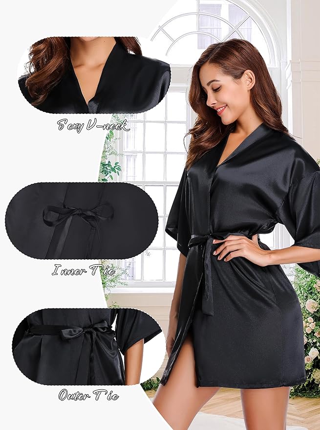 Women's Short Satin Robe Silky Bathrobes Bridal Bridesmaid Kimono Robe V-Neck Sleepwear S-XXL