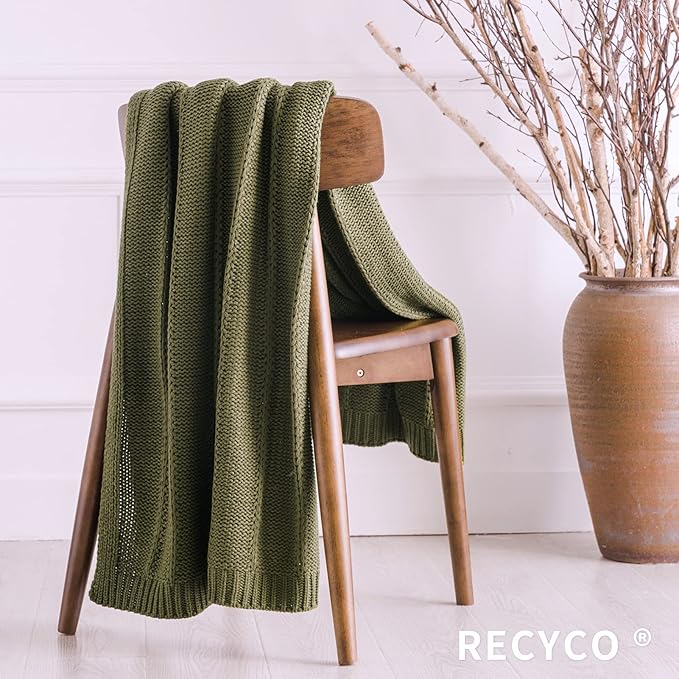 RECYCO Cable Knit Moss Green Throw Blanket Twin Size for Couch, Super Soft Warm Cozy Decorative Knitted Throw Blanket 3.6LB for Bed, Sofa, Chair Large 60"x80"