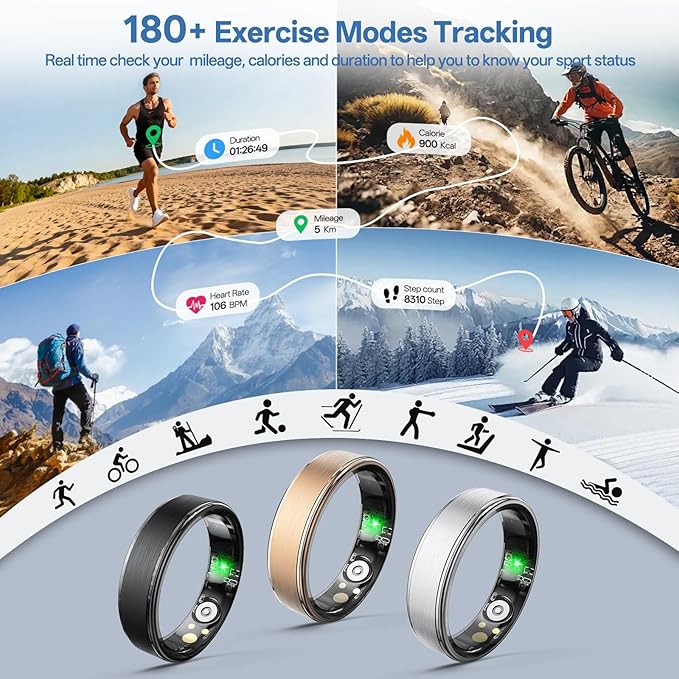 Smart Ring for Women Men, Health Fitness Tracker Ring with Heart Rate/Sleep Tracker/Blood Oxygen/HRV/Stress/Calorie/Steps, IP68 Waterproof for iOS & Android, No APP Fees(Black,11#)