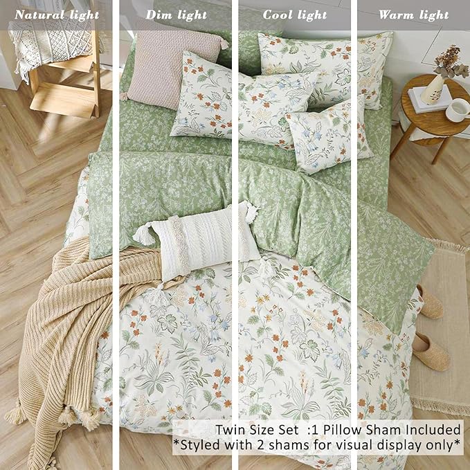 ALEISSEL Natural Cotton 2pcs Botanical Comforter Sets Twin Size-Green Comforter with Red & Blue Flowers,Gray Leaves on Off-White, Reversible Lightweight Bedding Sets(Twin 68"×90")