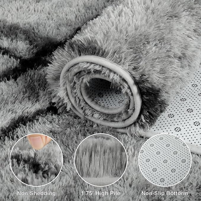 junovo 5x8 Area Rugs - Non-Slip Ultra Soft Washable High Pile Bedroom Rug for Kids, Living Room, Nursery & Dorm, Grey Flame Retardant Plush Shaggy Rug Home Decor
