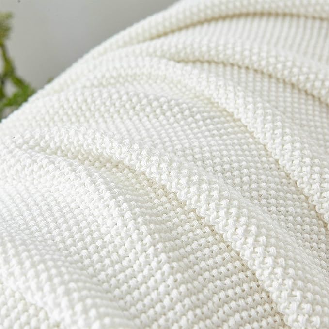 Longhui bedding Ivory White Cotton Cable Knit Throw Blanket for Couch Sofa Chair Bed Home Decorative, 60 x 80 Inch Woven Throw Blankets with a Washing Bag Silk Bow Tie Package
