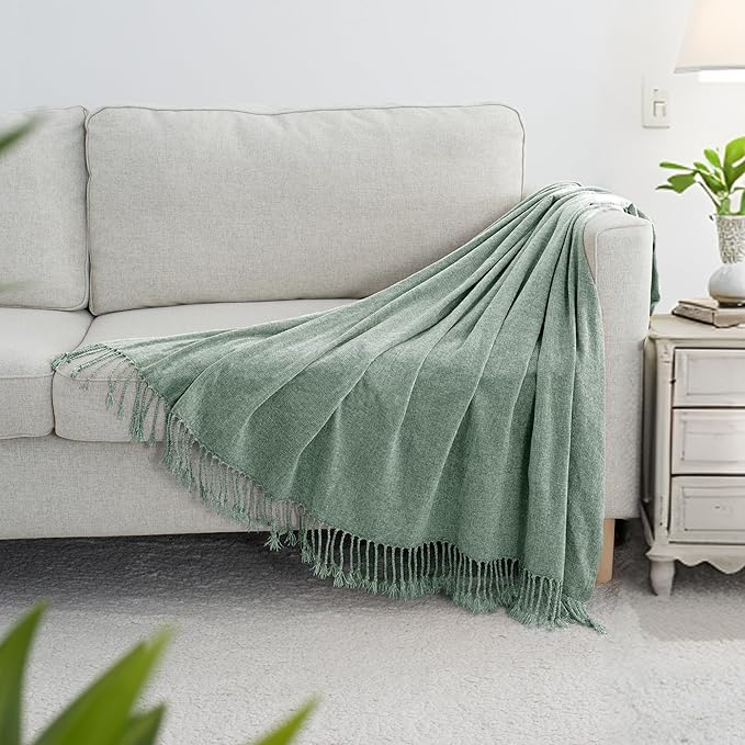 Chenille Throw Blanket for Couch with Tassels,60"X80" Soft Lightweight Knitted Boho Decorative Blankets for Bed and Sofa,Sage Green