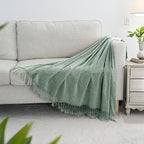Chenille Throw Blanket for Couch with Tassels,50"X60" Soft Lightweight Knitted Boho Decorative Blankets for Bed and Sofa,Sage Green