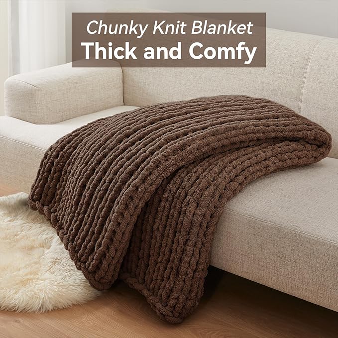 Negwoo Chunky Knit Throw Blanket, 40''*50'' Knitted Throw Chenille Yarn for Bed Couch, Handmade Dark Brown Crochet Big Thick Blanket, Machine Washable Cute Comfy Blanket for Home Decor