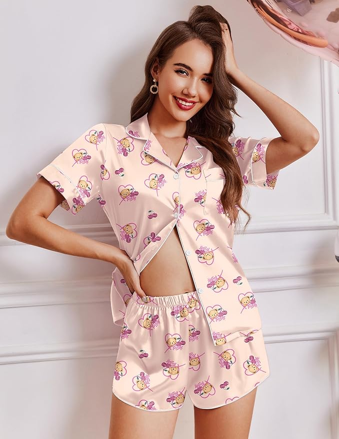 Ekouaer Womens Silk Satin Pajamas Short Sleeve PJS Shorts Set Soft Button Down Sleepwear 2 Piece Loungewear S-5XL