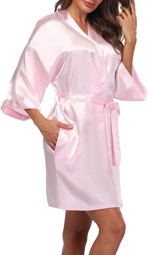Women's Satin Kimono Robes Short Silky Bathrobe Solid Color/Floral Bridal Wedding Party