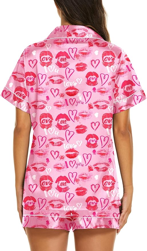 Ekouaer Silk Pajamas for Women Short Sleeve Sleepwear Soft Button Down Loungewear 2 Piece Satin Pjs Shorts Set