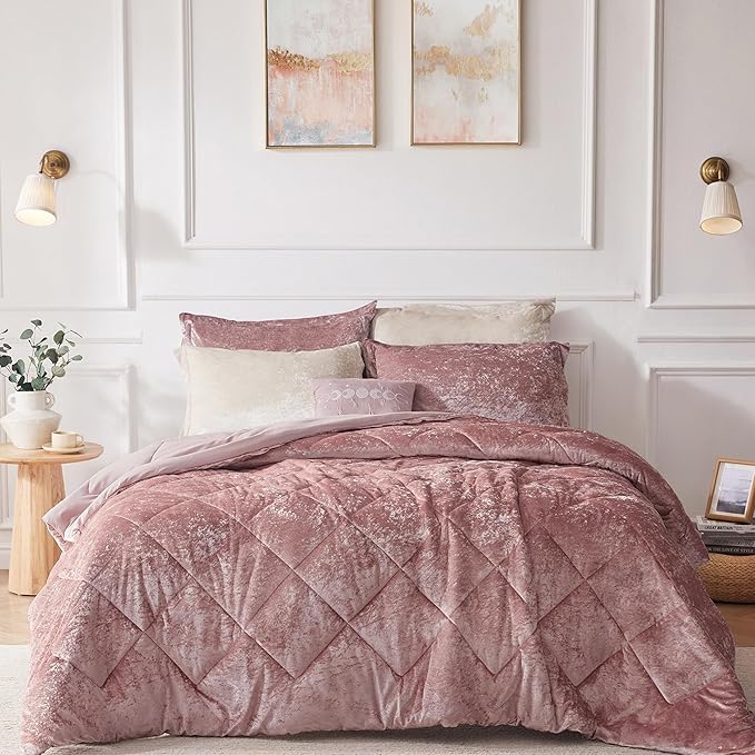 Intelligent Design King Comforter Set, Velvet Comforter Set , Luxury Diamond Quilting Comforter Set, Fluffy Comforter Bed Set with Decorative Pillowand 2 Shams, 4 Piece Pink, King/ Cal King