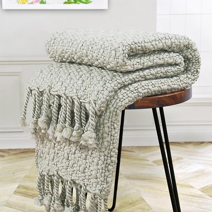 Chunky Knit Throw Blanket with Braided Tassels 50" x 60", Hand Knitted Soft Thick Yarn Basket Weave Boho Farmhouse Blanket, Plush Fluffy Tassel Decor Throw for Couch Bed Sofa, Silver Green