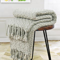 Chunky Knit Throw Blanket with Braided Tassels 50" x 60", Hand Knitted Soft Thick Yarn Basket Weave Boho Farmhouse Blanket, Plush Fluffy Tassel Decor Throw for Couch Bed Sofa, Silver Green