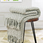 Chunky Knit Throw Blanket with Braided Tassels 50" x 60", Hand Knitted Soft Thick Yarn Basket Weave Boho Farmhouse Blanket, Plush Fluffy Tassel Decor Throw for Couch Bed Sofa, Silver Green