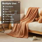 Cotton Muslin Throw Blanket with Tassels, Lightweight Woven Gauze, Pre-Washed Breathable Farmhouse Decor for Bed, Couch, All-Season Use (Tan, 50" x 60")