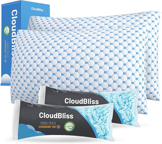 CloudBliss Cooling Bed Set of 2 Pillows for Sleeping, Shredded Memory Foam Pillows with Washable & Breathable Pillowcase, Adjustable Height Pillow for Side, Back and Stomach Sleepers, Queen Size