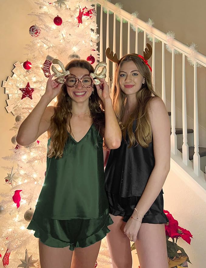 Ekouaer Satin Pajama Set for Women Silk Pjs for Women Set Camisole Top and Shorts with Ruffle Sleepwear