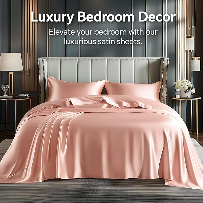 BEDELITE California King Sheets Set, Luxury Soft Coral Pink Satin Sheets for Hair and Skin, Similar to Silk Bed Sheets Set 4 Pieces with 1 Deep Pocket Fitted Sheet, 1 Flat Sheet, and 2 Pillowcases